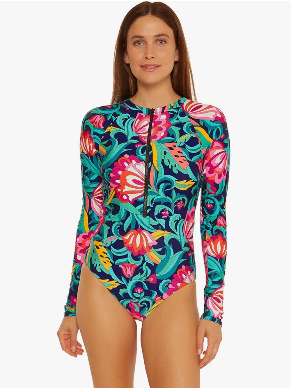 New Trina Turk Garden Teal Multicolor Floral Long-Sleeve One-Piece Swimsuit